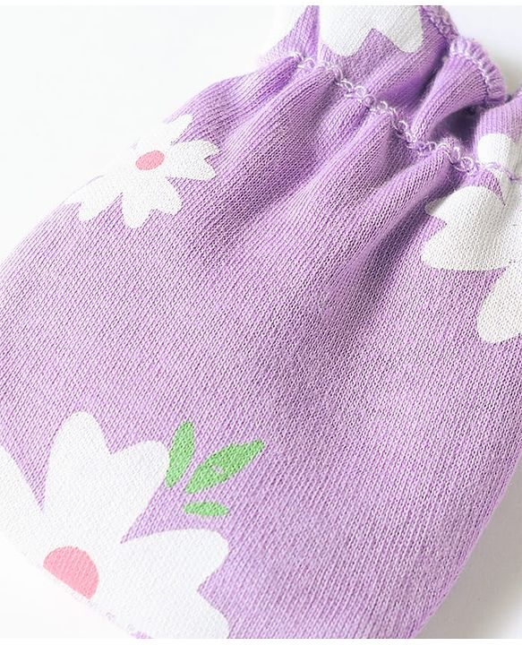 Babyhug 100% Cotton Knit Floral Printed Mittens & Booties Set - Purple