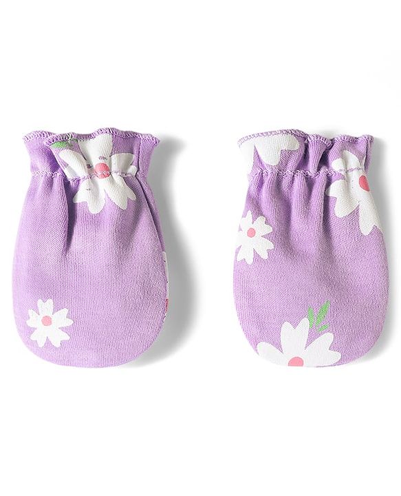 Babyhug 100% Cotton Knit Floral Printed Mittens & Booties Set - Purple