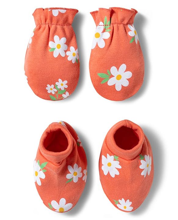 Babyhug 100% Cotton Knit Mittens & Booties with Floral Print - Multicolor