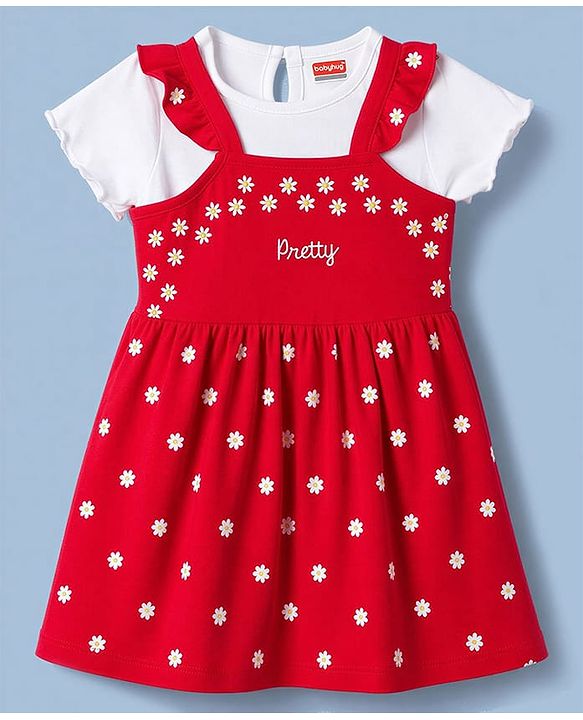 Babyhug 100% Cotton Single Jersey Knit Half Sleeves Floral & Text Printed Frock With Inner Tee - Red