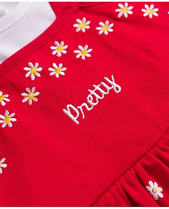 Babyhug 100% Cotton Single Jersey Knit Half Sleeves Floral & Text Printed Frock With Inner Tee - Red