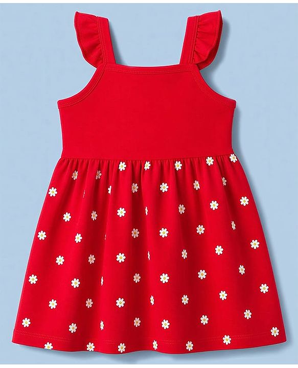 Babyhug 100% Cotton Single Jersey Knit Half Sleeves Floral & Text Printed Frock With Inner Tee - Red