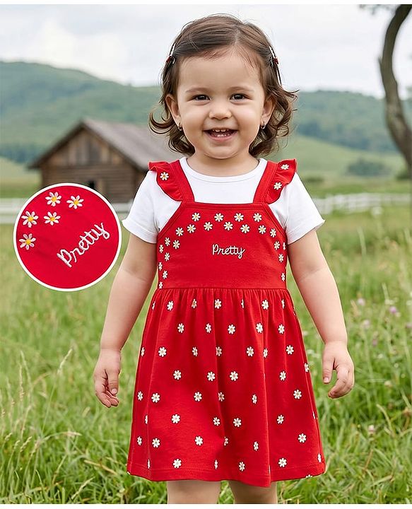 Babyhug 100% Cotton Single Jersey Knit Half Sleeves Floral & Text Printed Frock With Inner Tee - Red