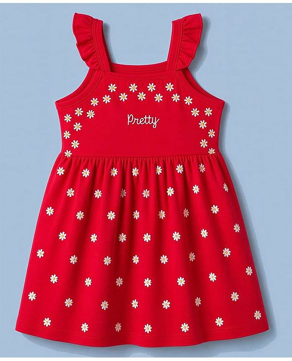 Babyhug 100% Cotton Single Jersey Knit Half Sleeves Floral & Text Printed Frock With Inner Tee - Red