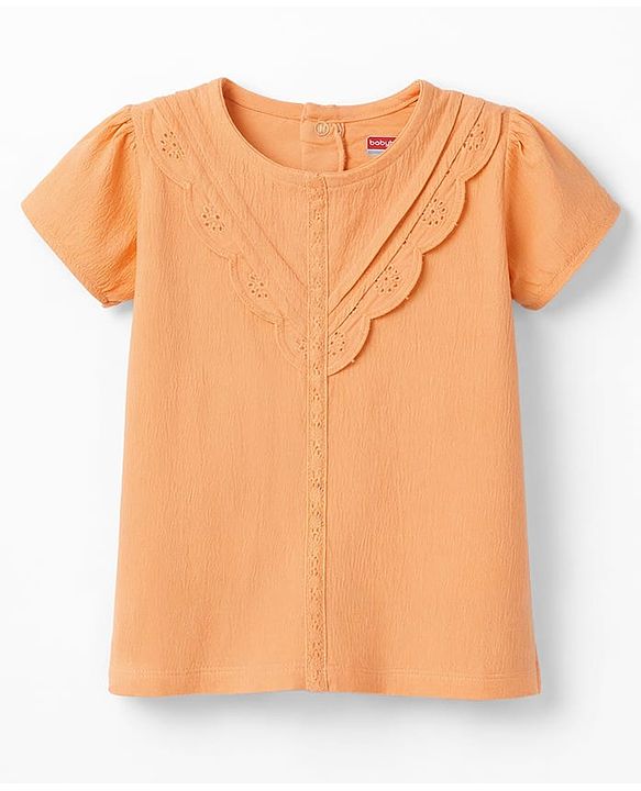 Babyhug Crinkled Crepe Half Sleeves Top With Schiffli Detailing - Orange