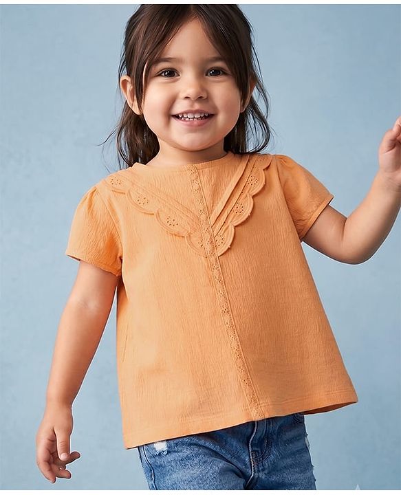 Babyhug Crinkled Crepe Half Sleeves Top With Schiffli Detailing - Orange