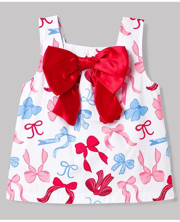 Babyhug 100% Cotton Woven Sleeveless Top With Bow Print & Applique - Multicolor