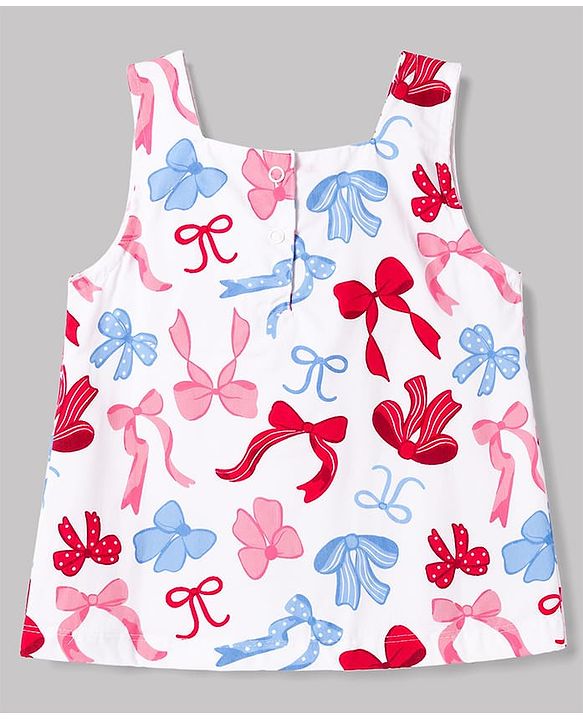 Babyhug 100% Cotton Woven Sleeveless Top With Bow Print & Applique - Multicolor