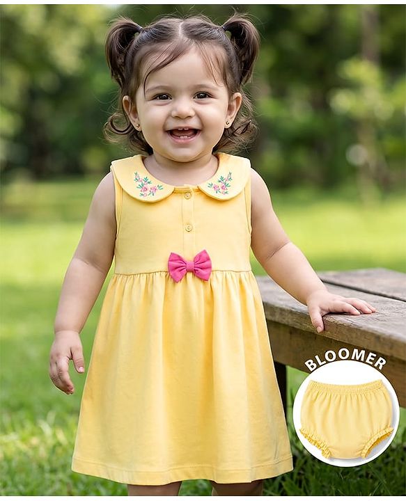 Babyhug Single Jersey Knit Half Sleeves Floral Embroidered Frock With Bloomer With Bow Applique - Yellow