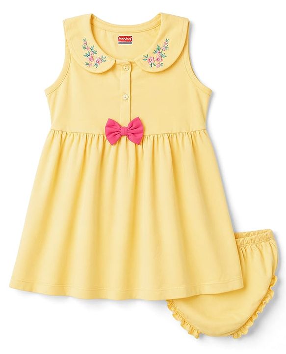 Babyhug Single Jersey Knit Half Sleeves Floral Embroidered Frock With Bloomer With Bow Applique - Yellow