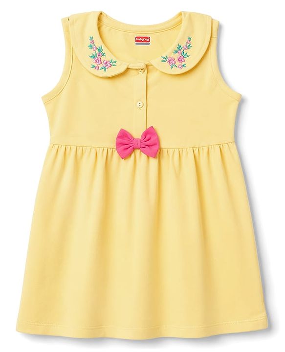 Babyhug Single Jersey Knit Half Sleeves Floral Embroidered Frock With Bloomer With Bow Applique - Yellow