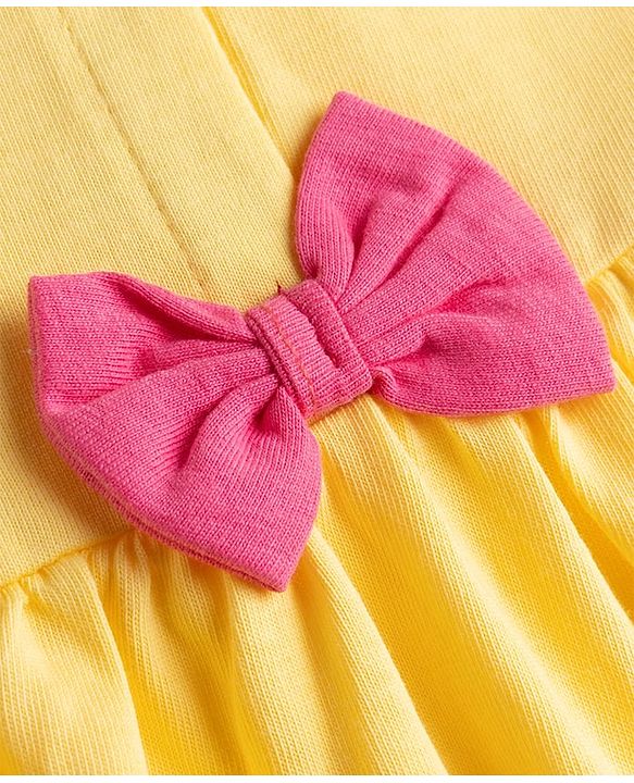 Babyhug Single Jersey Knit Half Sleeves Floral Embroidered Frock With Bloomer With Bow Applique - Yellow