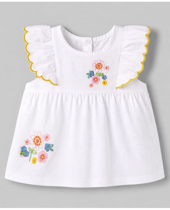 Babyhug 100% Cotton Woven Sleeveless Top with Floral Embroidery - White