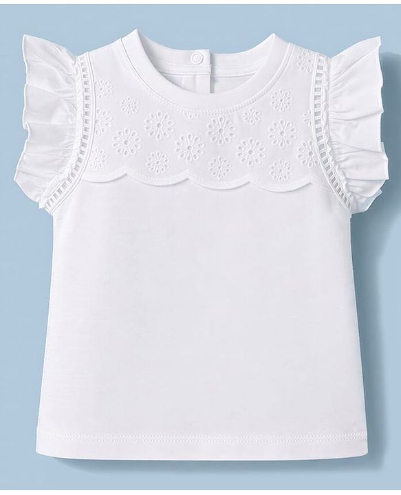 Babyhug 100% Cotton Knit Half Sleeves Solid Colour Top with Schiffli Detailing - White