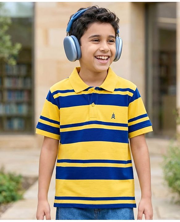 Pine Kids Cotton Knit Half Sleeves Striped Polo T-Shirt - Multicolor