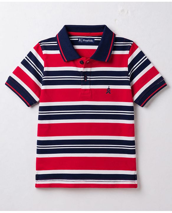 Pine Kids Cotton Knit Half Sleeves Striped Polo T-Shirt - Multicolor