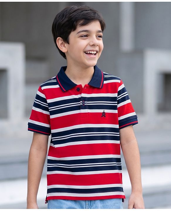 Pine Kids Cotton Knit Half Sleeves Striped Polo T-Shirt - Multicolor