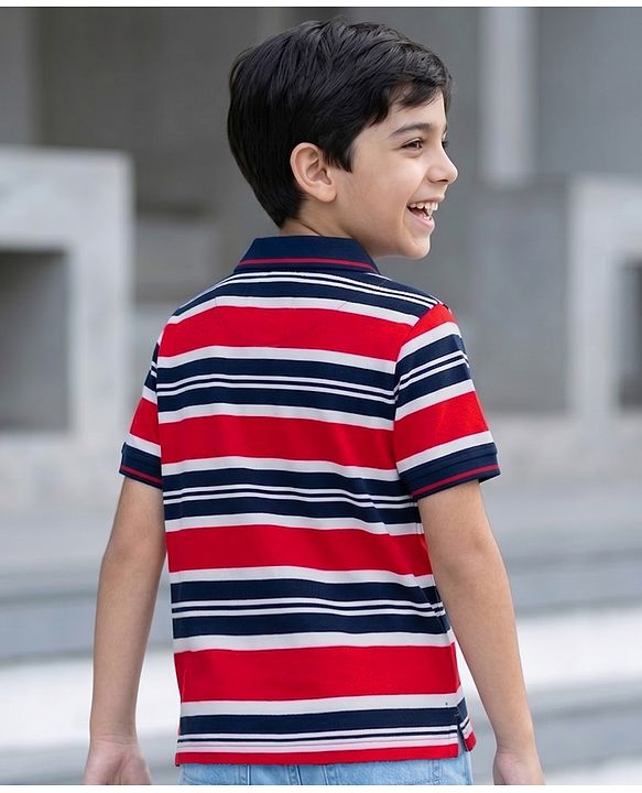 Pine Kids Cotton Knit Half Sleeves Striped Polo T-Shirt - Multicolor
