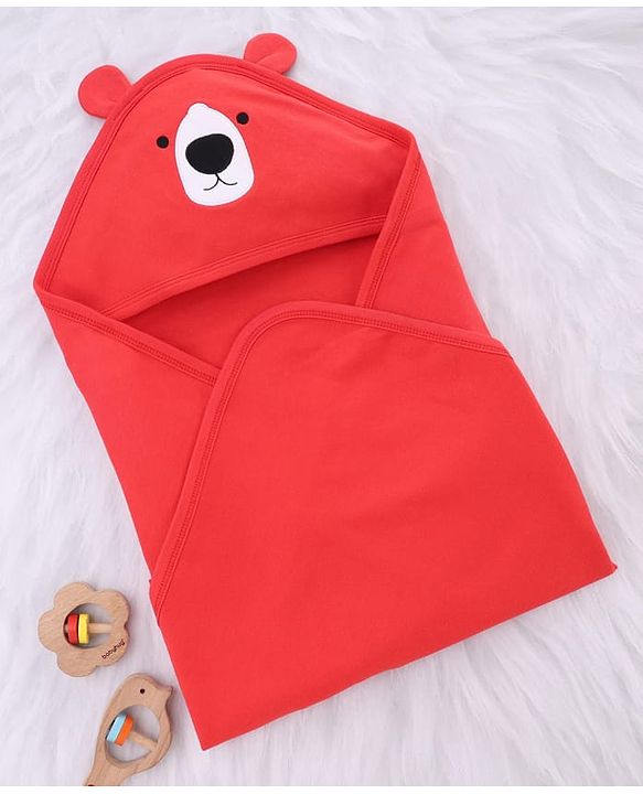 Babyhug Interlock Knit Hooded Towel with Animal Embroidery L 76 x B 76 cm - Red