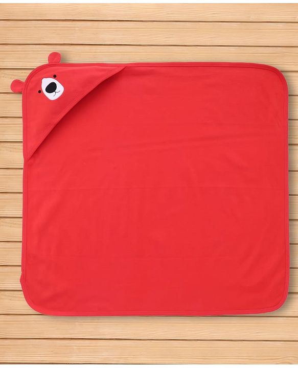 Babyhug Interlock Knit Hooded Towel with Animal Embroidery L 76 x B 76 cm - Red
