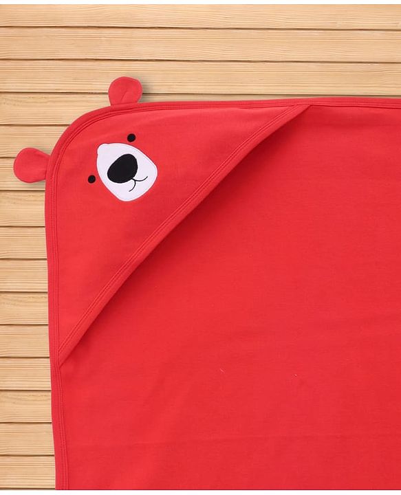 Babyhug Interlock Knit Hooded Towel with Animal Embroidery L 76 x B 76 cm - Red