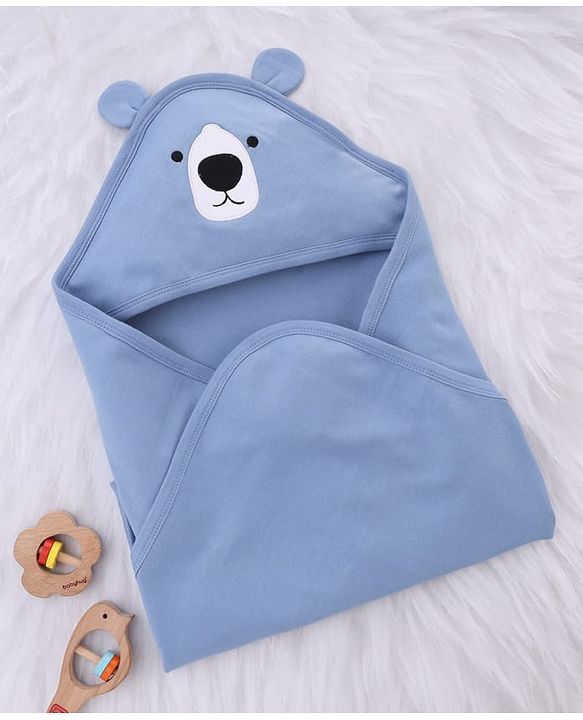 Babyhug Interlock Knit Hooded Towel with Animal Embroidery L 76 x B 76 cm - Blue