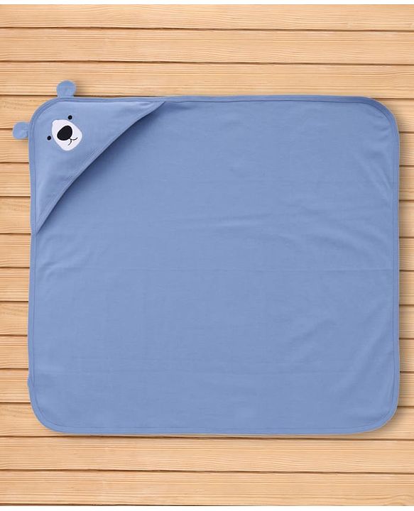 Babyhug Interlock Knit Hooded Towel with Animal Embroidery L 76 x B 76 cm - Blue