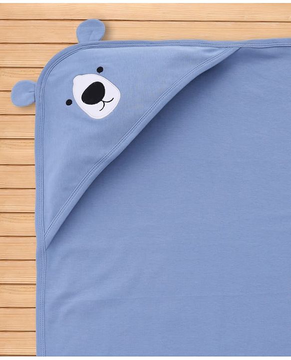 Babyhug Interlock Knit Hooded Towel with Animal Embroidery L 76 x B 76 cm - Blue