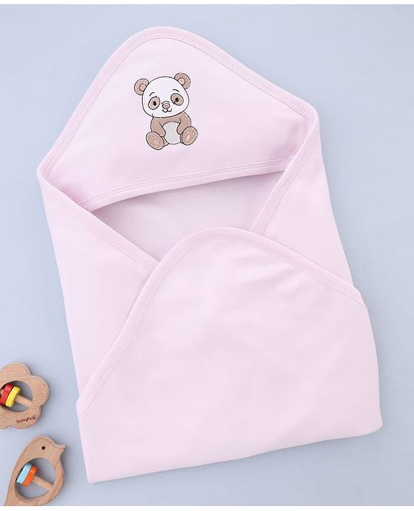 Babyhug Interlock Knit Hooded Wrapper With Panda Embroidery L 76 x B 76 cm - Pink