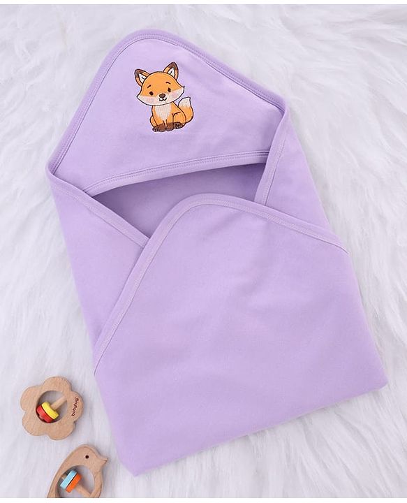 Babyhug Interlock Knit Hooded Towel With Fox Embroidery - lavender