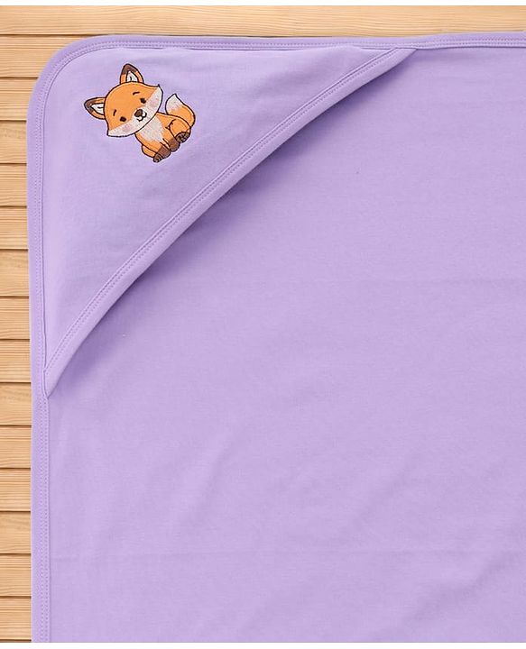 Babyhug Interlock Knit Hooded Towel With Fox Embroidery - lavender