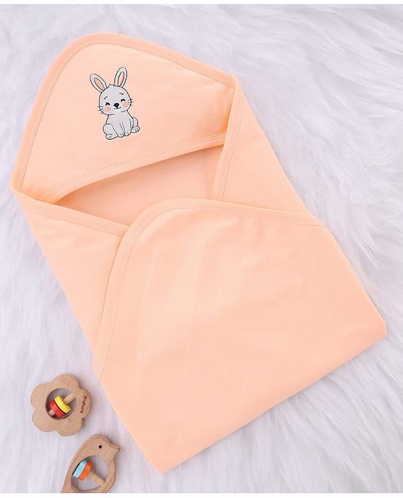 Babyhug Interlock Knit Hooded Towel with Animal Embroidery L 76 x B 76 cm - Peach