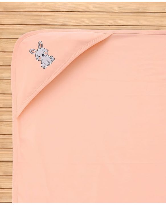 Babyhug Interlock Knit Hooded Towel with Animal Embroidery L 76 x B 76 cm - Peach