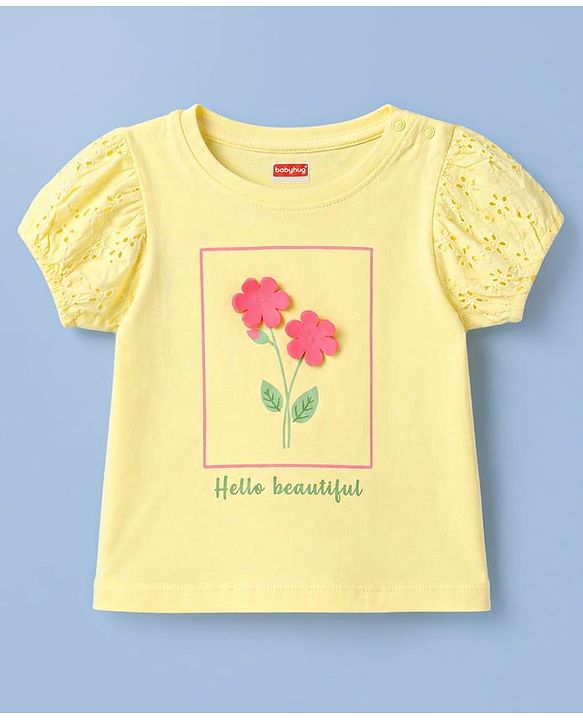 Babyhug Cotton Knit Half Sleeves Top With Floral Applique - Yellow