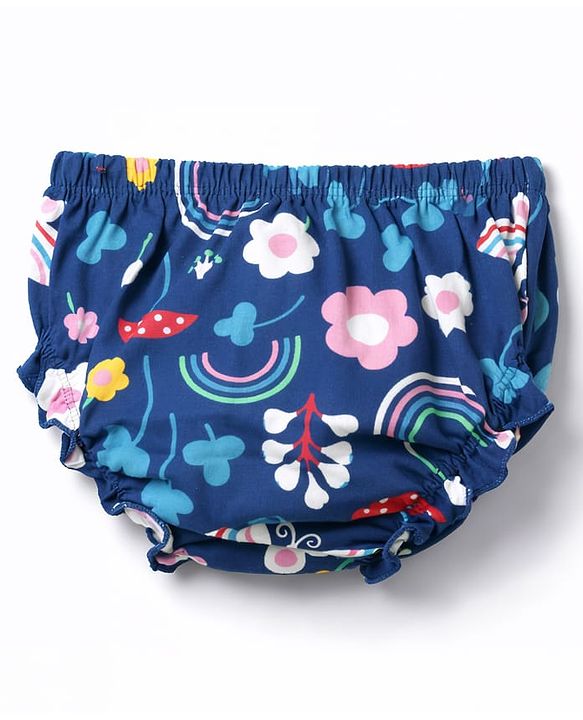 Babyhug Single Jersey Knit Frill Sleeves Printed Frock With Bloomer - Navy Blue