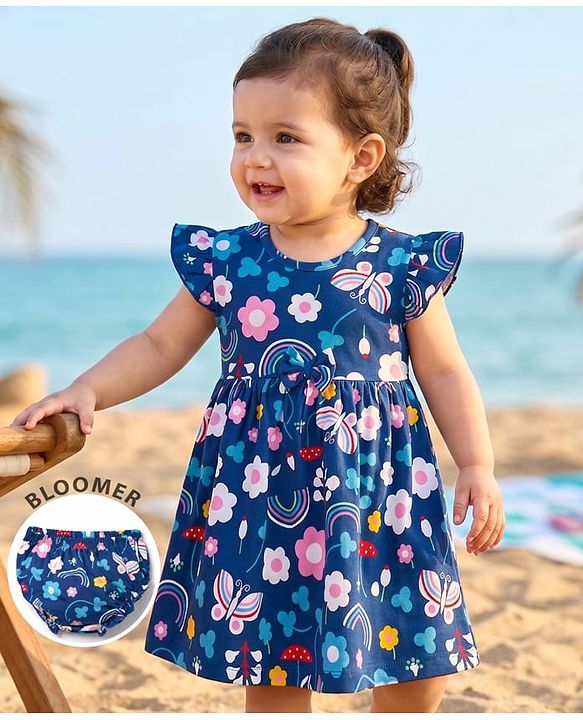 Babyhug Single Jersey Knit Frill Sleeves Printed Frock With Bloomer - Navy Blue