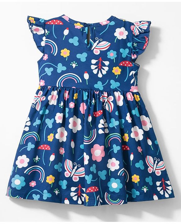 Babyhug Single Jersey Knit Frill Sleeves Printed Frock With Bloomer - Navy Blue