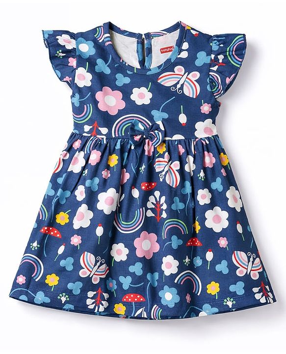 Babyhug Single Jersey Knit Frill Sleeves Printed Frock With Bloomer - Navy Blue