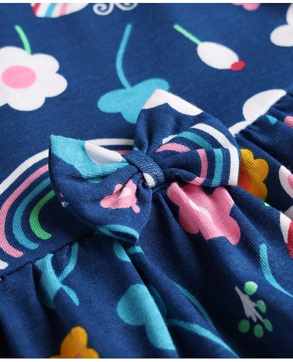 Babyhug Single Jersey Knit Frill Sleeves Printed Frock With Bloomer - Navy Blue