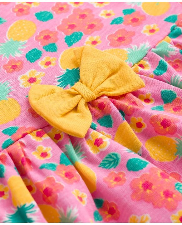 Babyhug Single Jersey Knit Half Sleeves Frock with Floral Print & Bow Applique - Peach