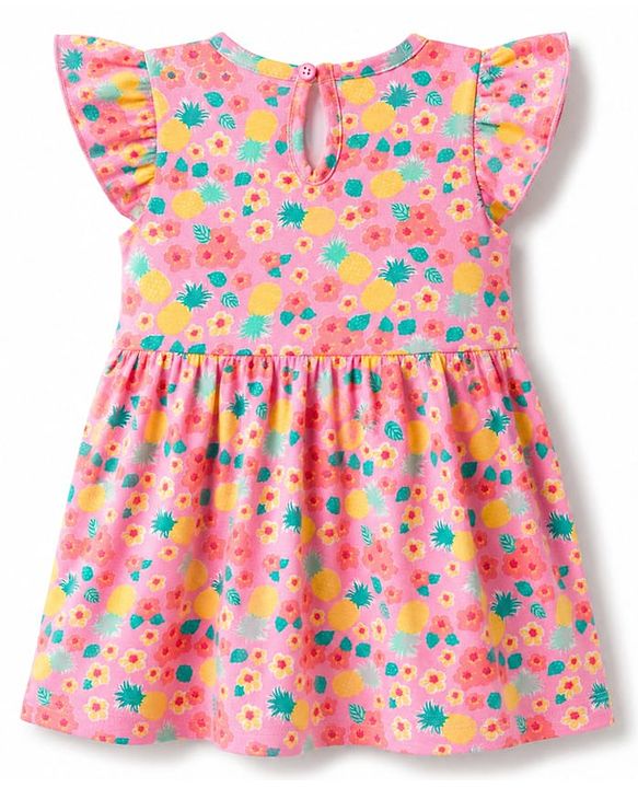 Babyhug Single Jersey Knit Half Sleeves Frock with Floral Print & Bow Applique - Peach
