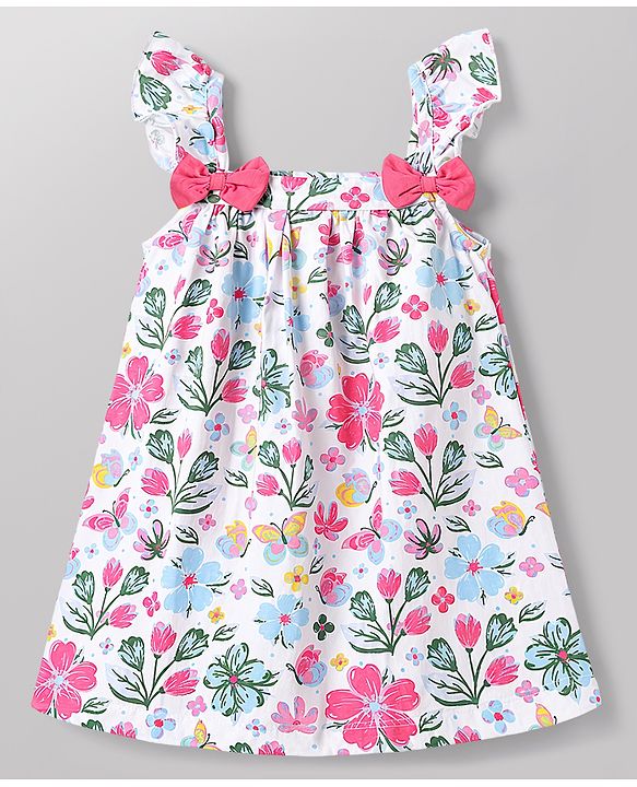 Babyhug Single Jersey Knit Sleeveless Floral & Butterfly  Printed Bow Applique Frock With Bloomer - Multicolor