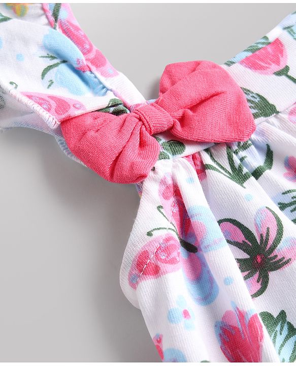 Babyhug Single Jersey Knit Sleeveless Floral & Butterfly  Printed Bow Applique Frock With Bloomer - Multicolor
