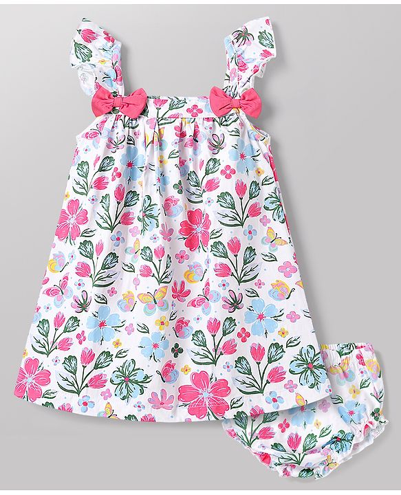 Babyhug Single Jersey Knit Sleeveless Floral & Butterfly  Printed Bow Applique Frock With Bloomer - Multicolor