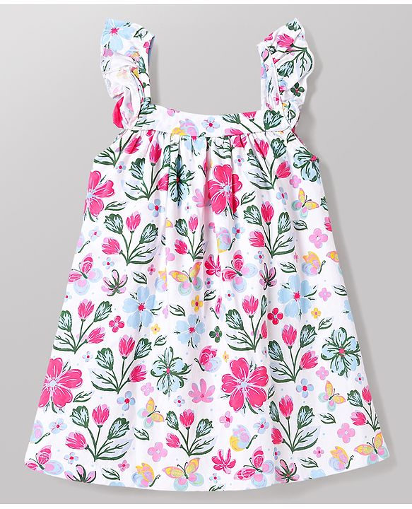 Babyhug Single Jersey Knit Sleeveless Floral & Butterfly  Printed Bow Applique Frock With Bloomer - Multicolor
