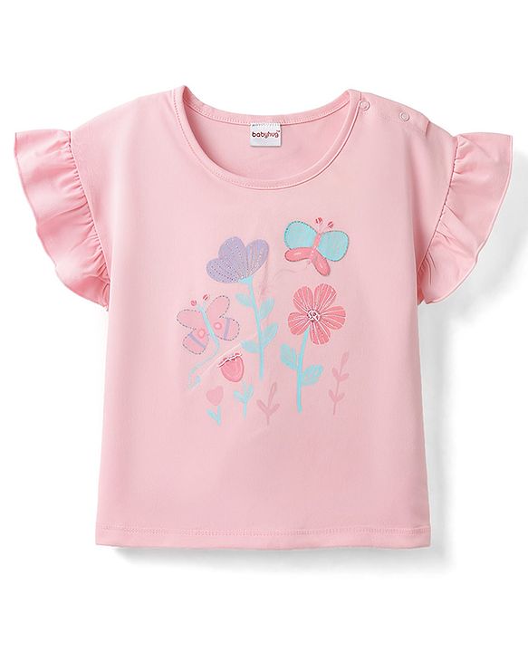 Babyhug Single Jersey Knit Half Sleeves Top & Shorts Set with Floral Print - Pink