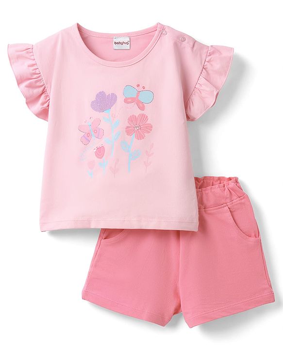 Babyhug Single Jersey Knit Half Sleeves Top & Shorts Set with Floral Print - Pink