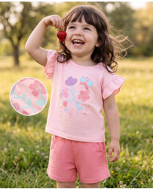 Babyhug Single Jersey Knit Half Sleeves Top & Shorts Set with Floral Print - Pink