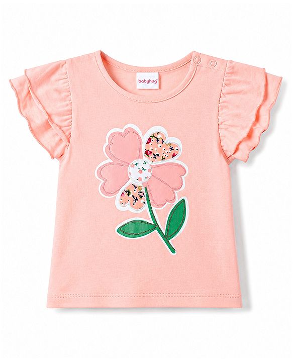 Babyhug 100% Cotton Single Jersey Knit Frill Sleeves Top & Shorts Set With Floral Print - Pink & Green
