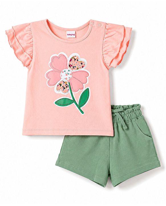 Babyhug 100% Cotton Single Jersey Knit Frill Sleeves Top & Shorts Set With Floral Print - Pink & Green